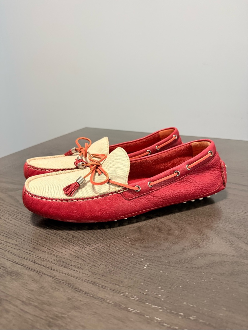 Cole Haan Women’s Driving Loafers Moccasins Red Leather Canvas Tassel Size 10B